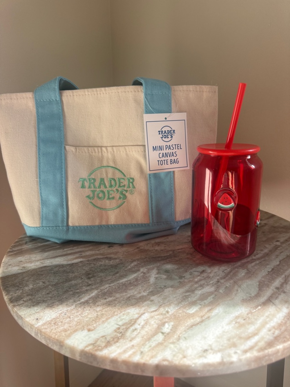 Trader Joe's Mini Pastel Canvas Tote Bag - Cream with Light Blue